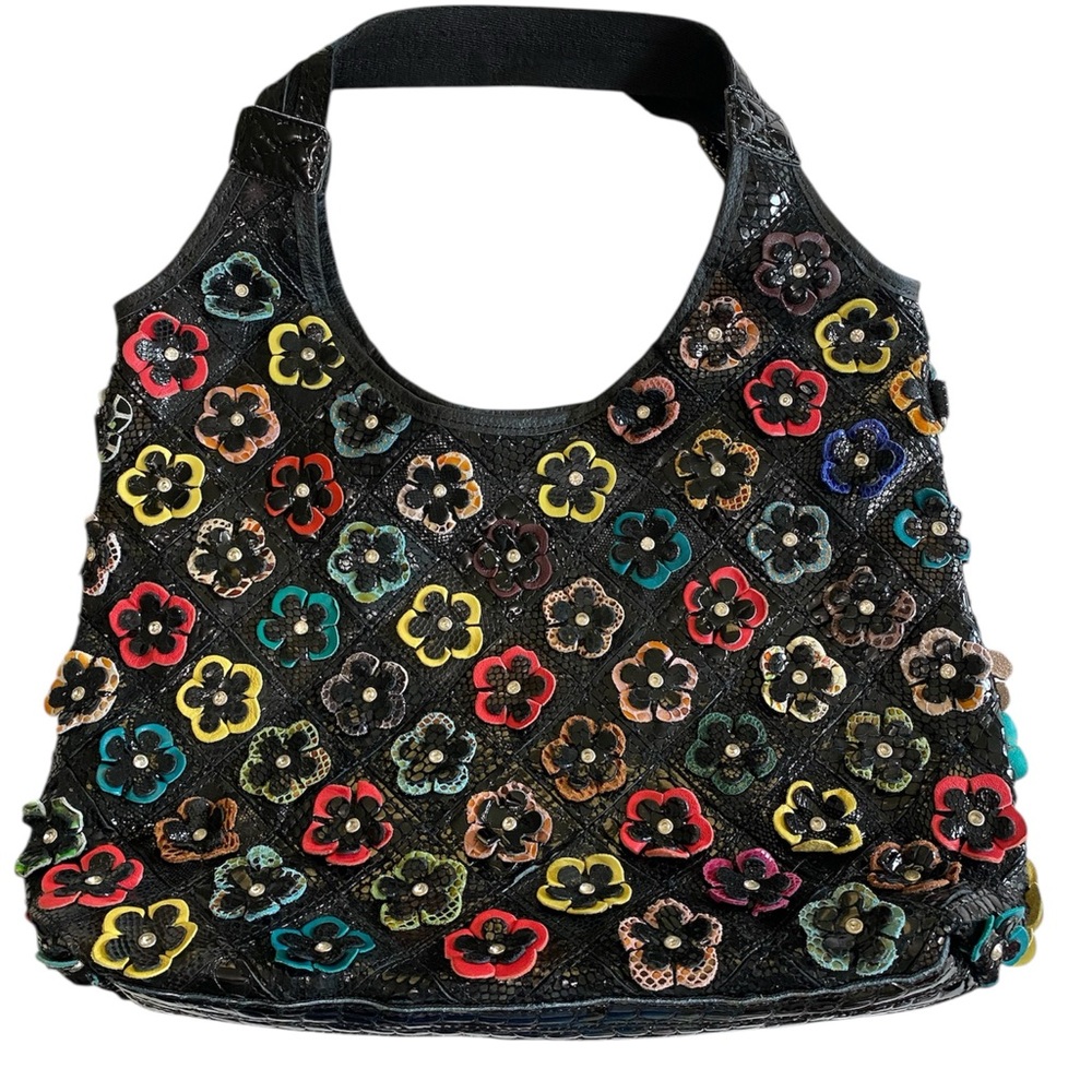 Black Hobo Bag with Leather Flowers Large. New without tags. BRC